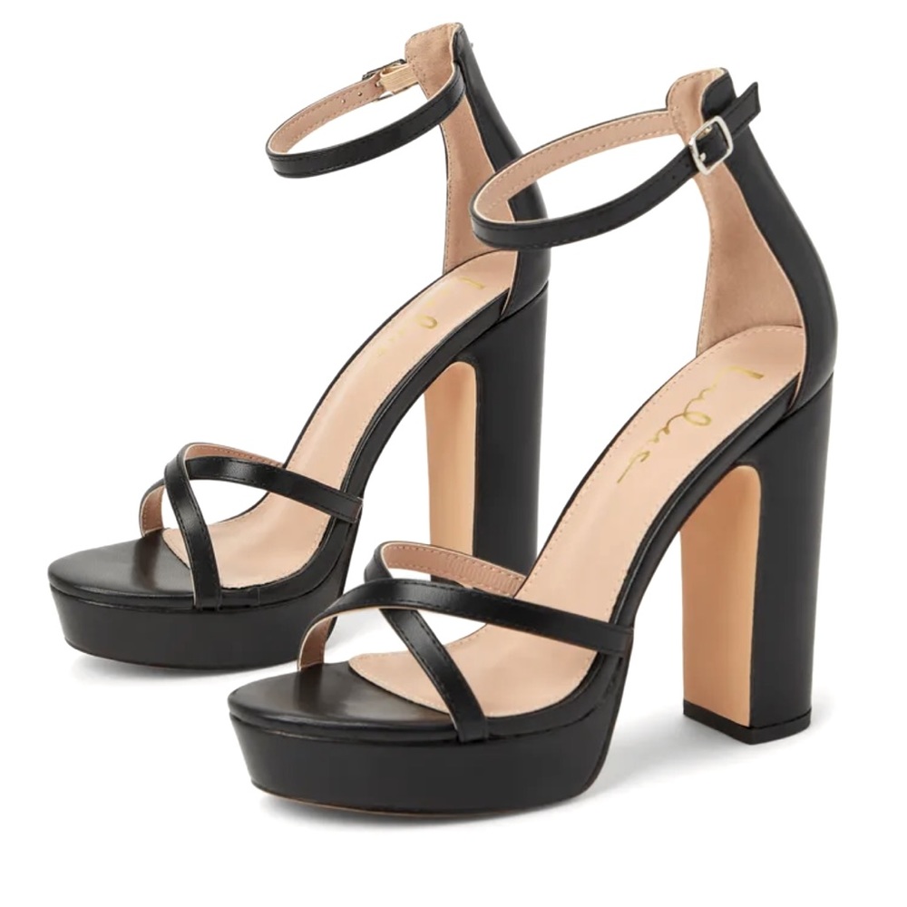 NWOT Lulu’s Dale Black Platform Ankle Strap Eco Leather High Heel Sandals size 6